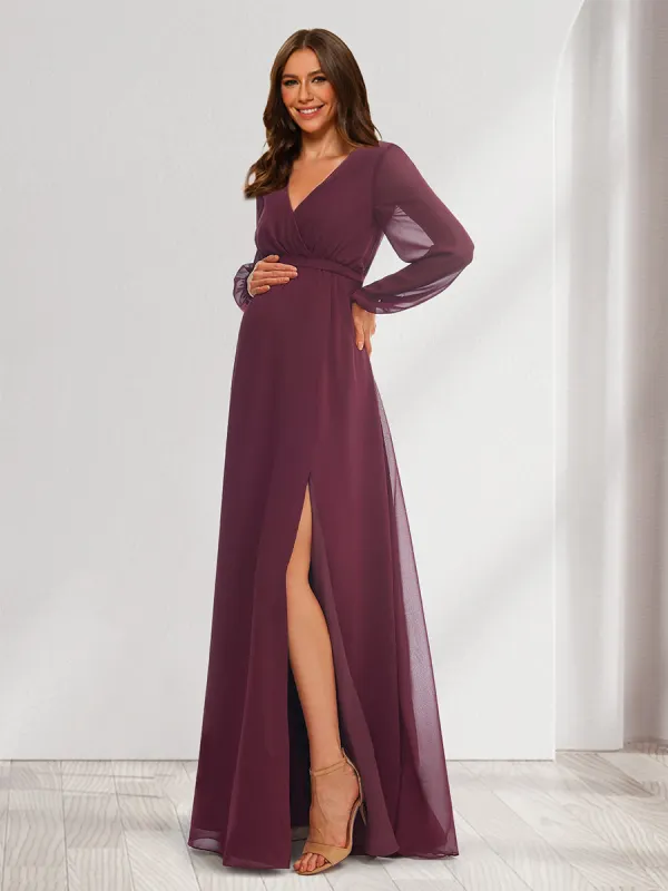 A-Line/Princess V-Neck Long Sleeves Chiffon Maternity Dresses with Split Side sold by Lavetir