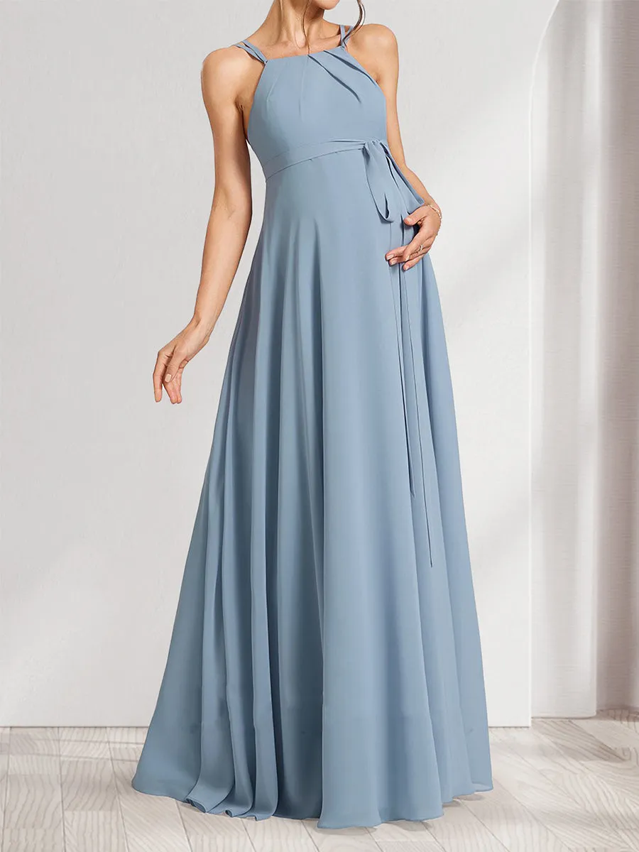 A-Line/Princess Halter Sleeveless Floor-Length Maternity Dresses with Bow & Pleats sold by Lavetir product image thumbnail 4