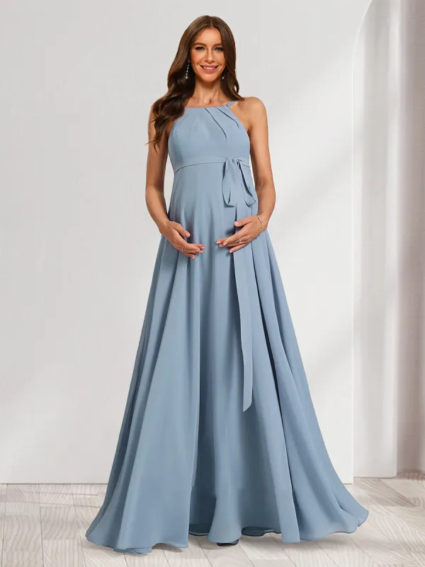A-Line/Princess Halter Sleeveless Floor-Length Maternity Dresses with Bow & Pleats sold by Lavetir