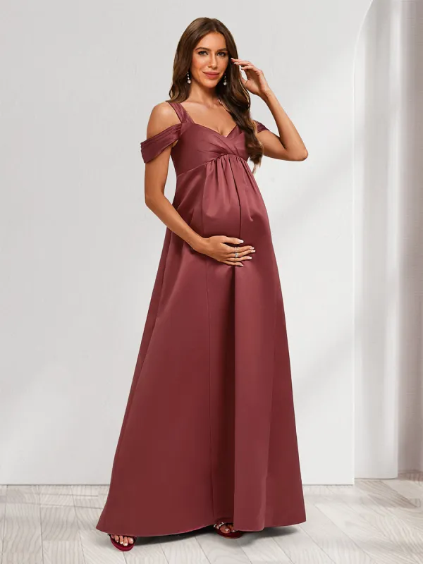 A-Line/Princess Cold Shoulder Floor-Length Ruched Long Satin Maternity Dresses sold by Lavetir