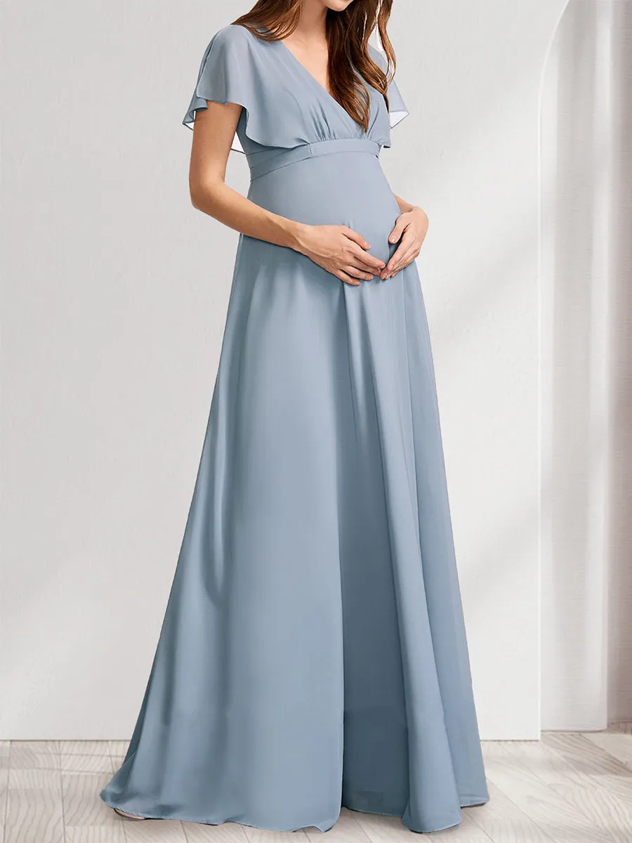 A-Line/Princess V-Neck Flutter Sleeves Maternity Dresses with Bow & Ruffles sold by Lavetir product image thumbnail 3