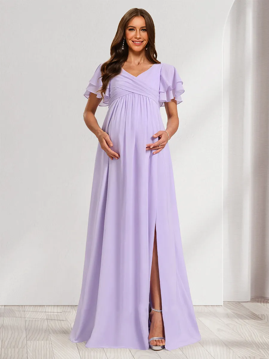 A-Line/Princess V-Neck Ruched Chiffon Maternity Dresses with Pleats & Ruffles sold by Lavetir product image thumbnail 4