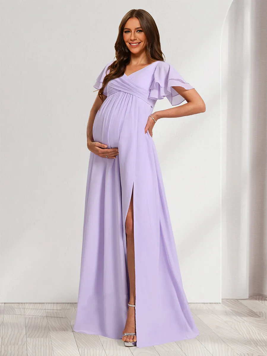 A-Line/Princess V-Neck Ruched Chiffon Maternity Dresses with Pleats & Ruffles sold by Lavetir