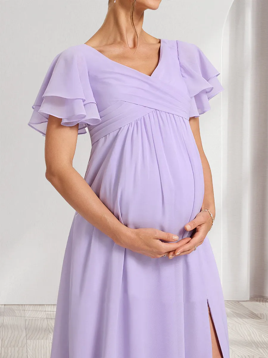 A-Line/Princess V-Neck Ruched Chiffon Maternity Dresses with Pleats & Ruffles sold by Lavetir product image thumbnail 3