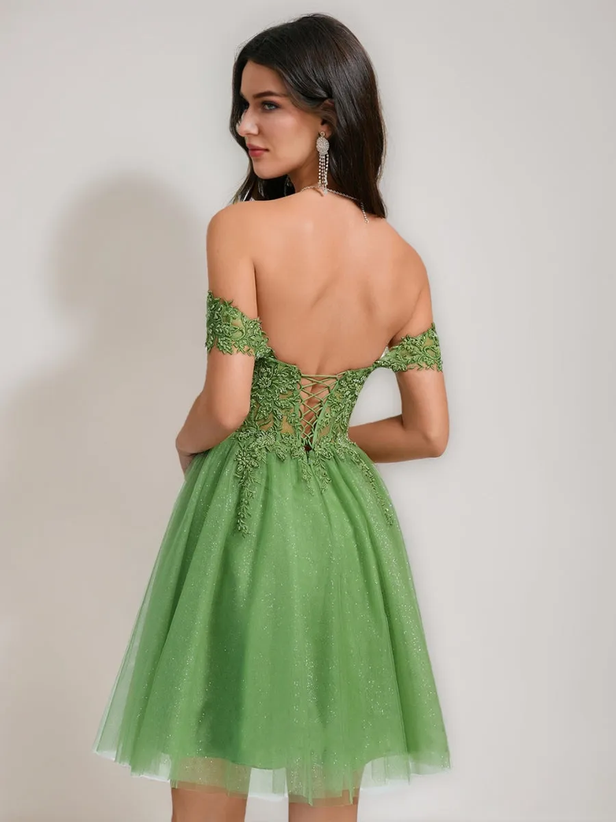 A-Line/Princess Off-the-Shoulder Tulle Short Homecoming Dresses with Appliques sold by Lavetir product image thumbnail 2