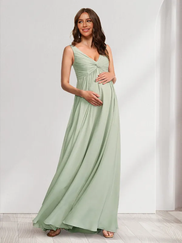 A-Line/Princess V-Neck Ruched Floor-Length Maternity Dresses with Pleats sold by Lavetir