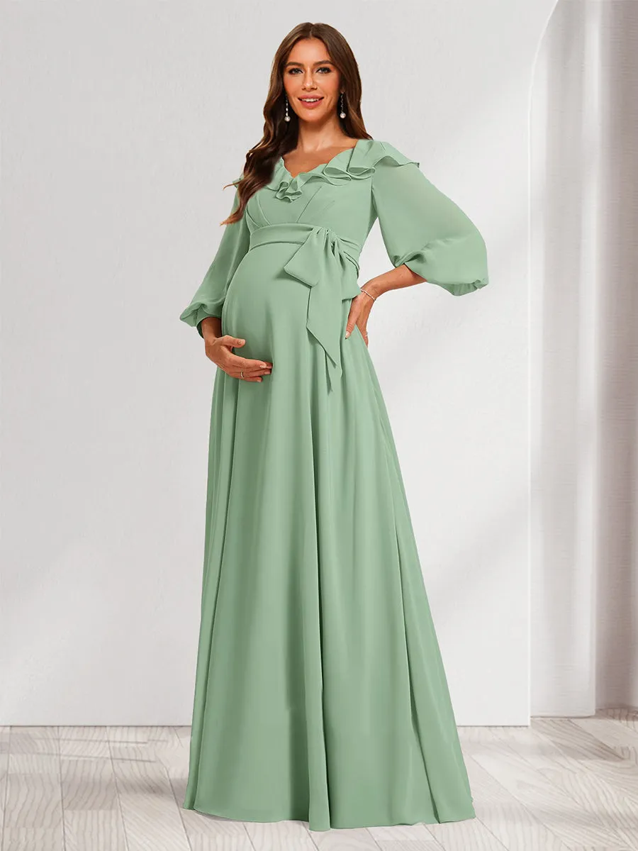 A-Line/Princess V-Neck Long Sleeves Maternity Dresses with Ruffles & Bow sold by Lavetir