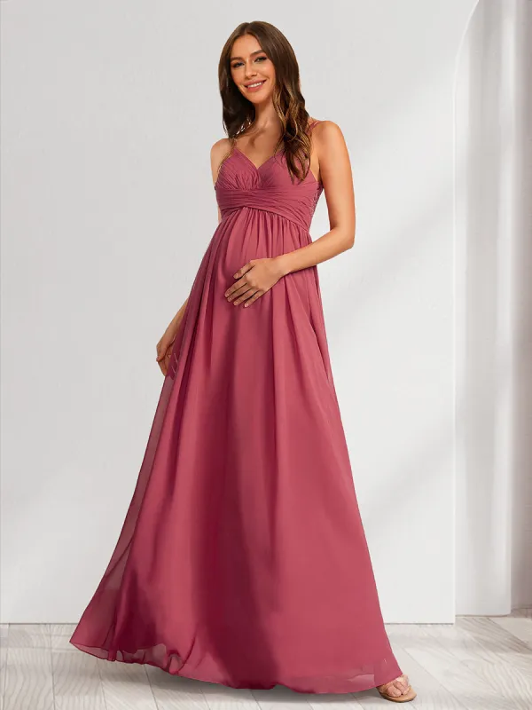 A-Line/Princess V-Neck Ruched Long Maternity Dresses with Pleats & Appliques sold by Lavetir