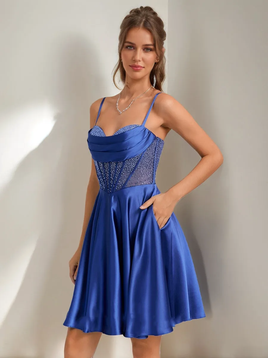 A-Line/Princess Cowl Straps Sleeveless Pleated Short Homecoming Dresses with Rhinestones sold by Lavetir product image thumbnail 5