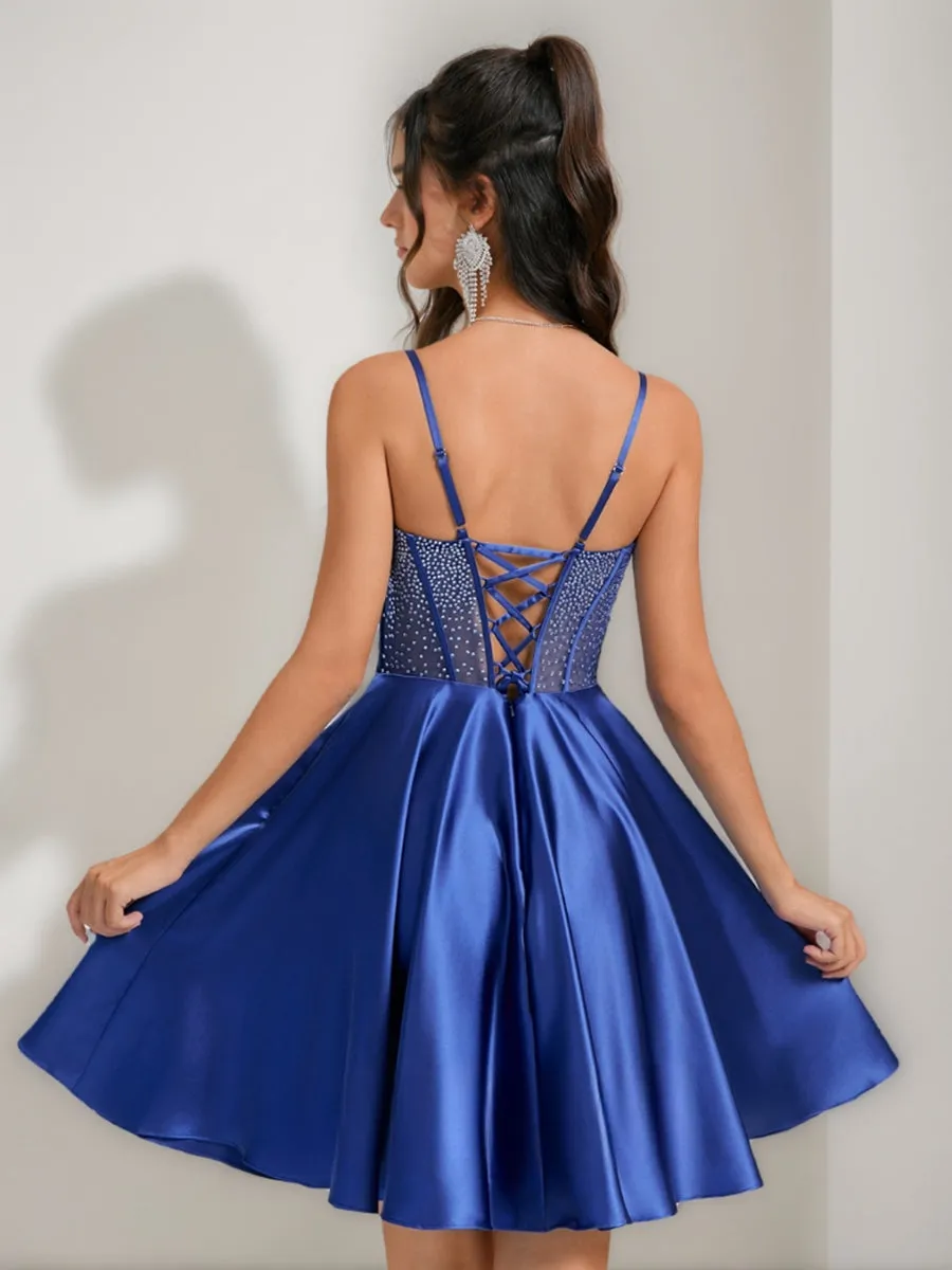 A-Line/Princess Cowl Straps Sleeveless Pleated Short Homecoming Dresses with Rhinestones sold by Lavetir product image thumbnail 2