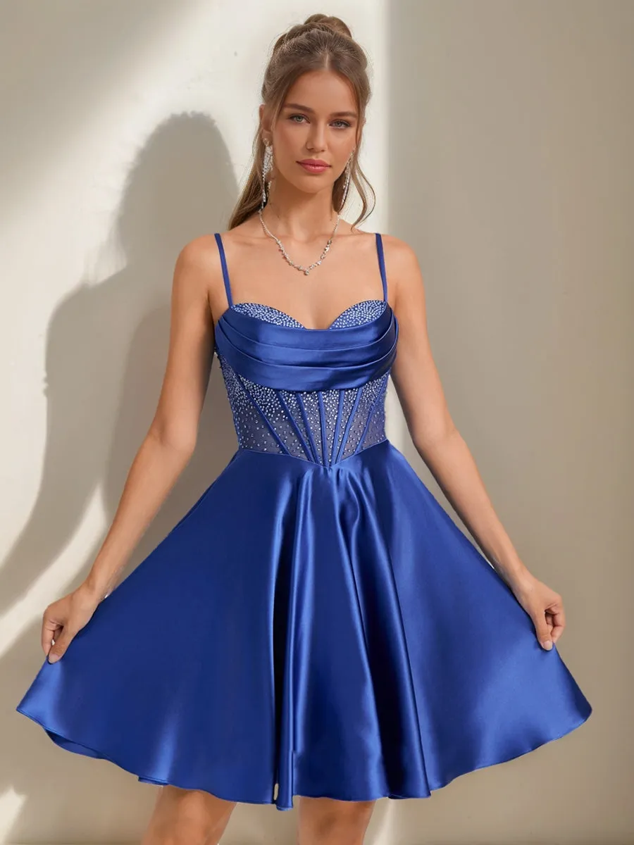 A-Line/Princess Cowl Straps Sleeveless Pleated Short Homecoming Dresses with Rhinestones sold by Lavetir