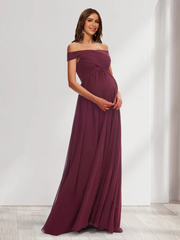A-Line/Princess Off-the-Shoulder Floor-Length Pleated Maternity Dresses with Split Side sold by Lavetir