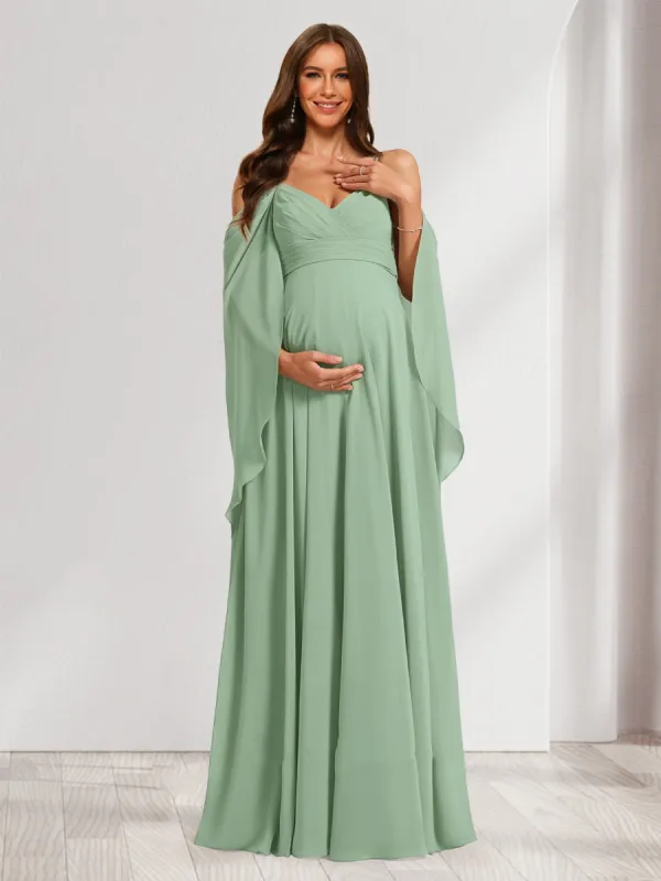 A-Line/Princess Cold Shoulder Ruched Floor-Length Maternity Dresses with Ruffles & Cape sold by Lavetir