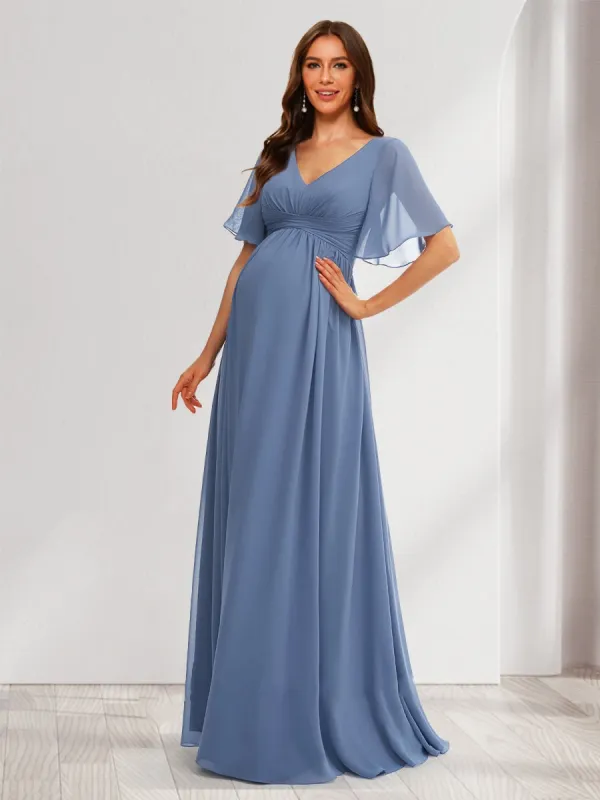 A-Line/Princess V-Neck Short Sleeves Chiffon Maternity Dresses with Ruffles & Pleats sold by Lavetir