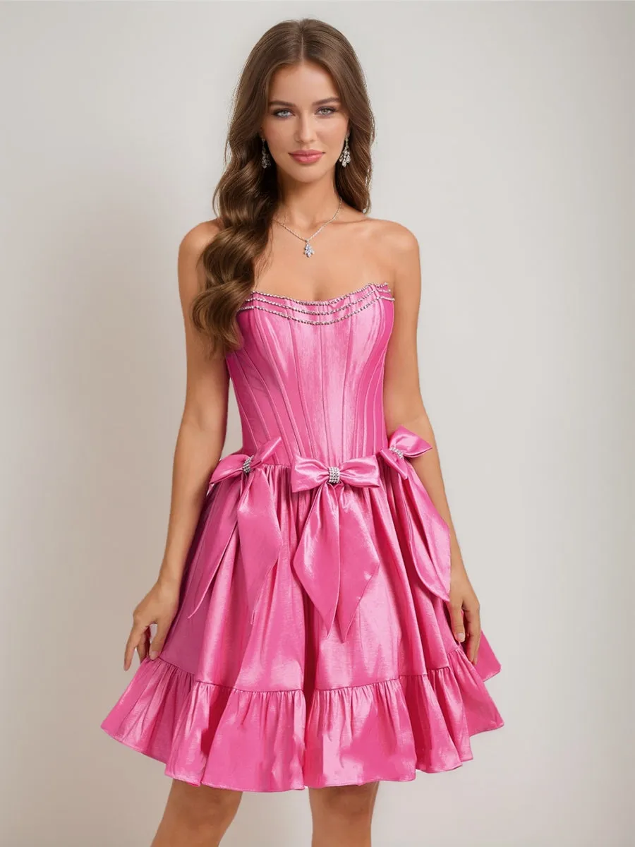 A-Line/Princess Strapless Ruffle Short Homecoming Dresses with Rhinestones & Bow sold by Lavetir