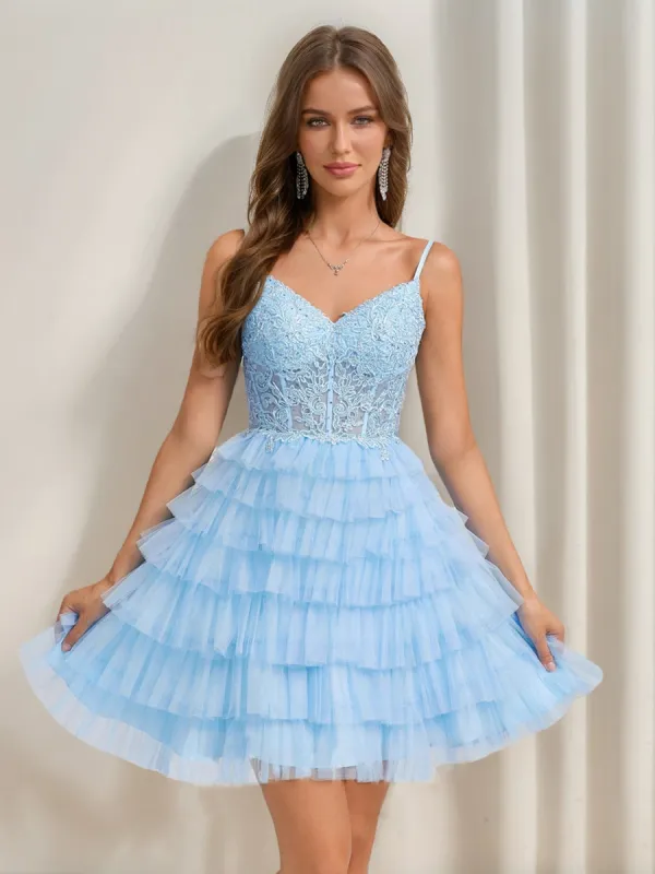 A-Line/Princess V-Neck Straps Ruffle Tiered Short Homecoming Dresses with Appliques sold by Lavetir