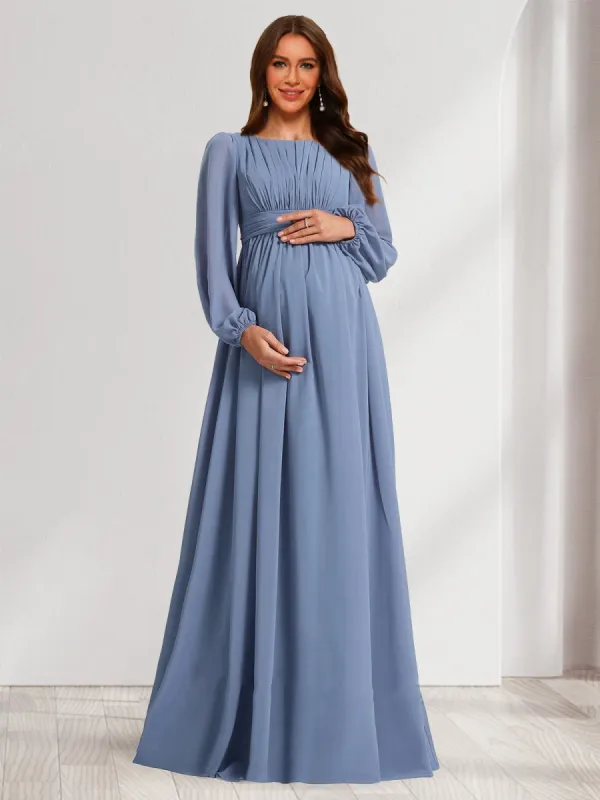 A-Line/Princess Scoop Long Sleeves Ruched Floor-Length Maternity Dresses with Bow sold by Lavetir