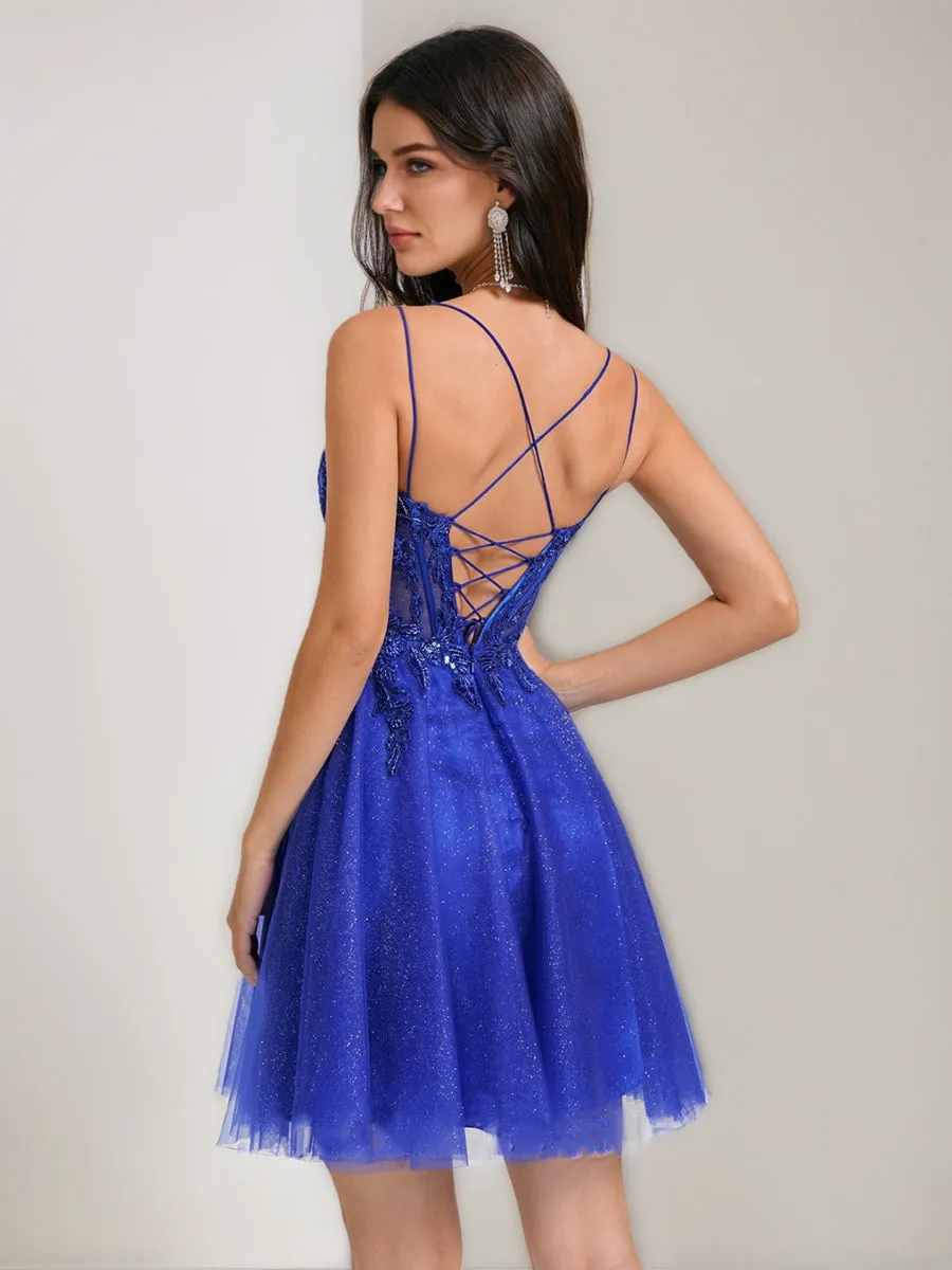 A-Line/Princess V-Neck Straps Tulle Short Homecoming Dresses with Beading Appliques sold by Lavetir product image thumbnail 2