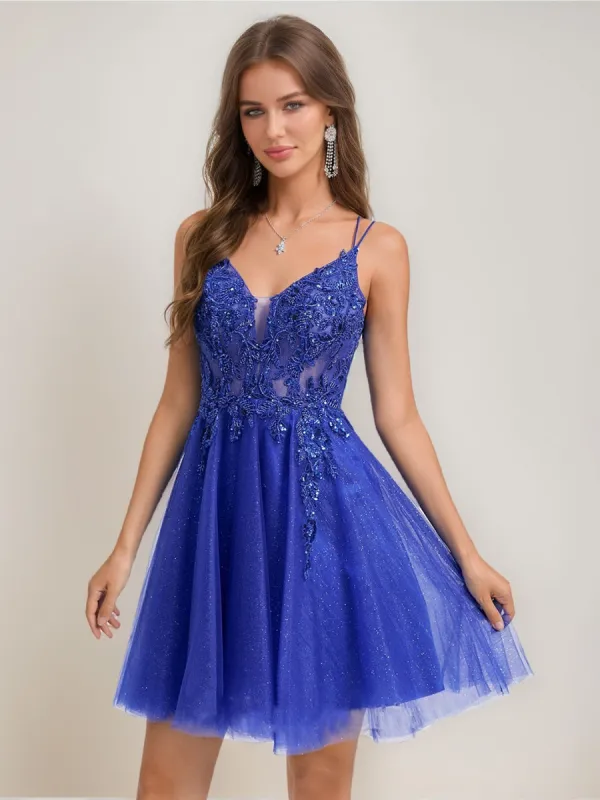 A-Line/Princess V-Neck Straps Tulle Short Homecoming Dresses with Beading Appliques sold by Lavetir
