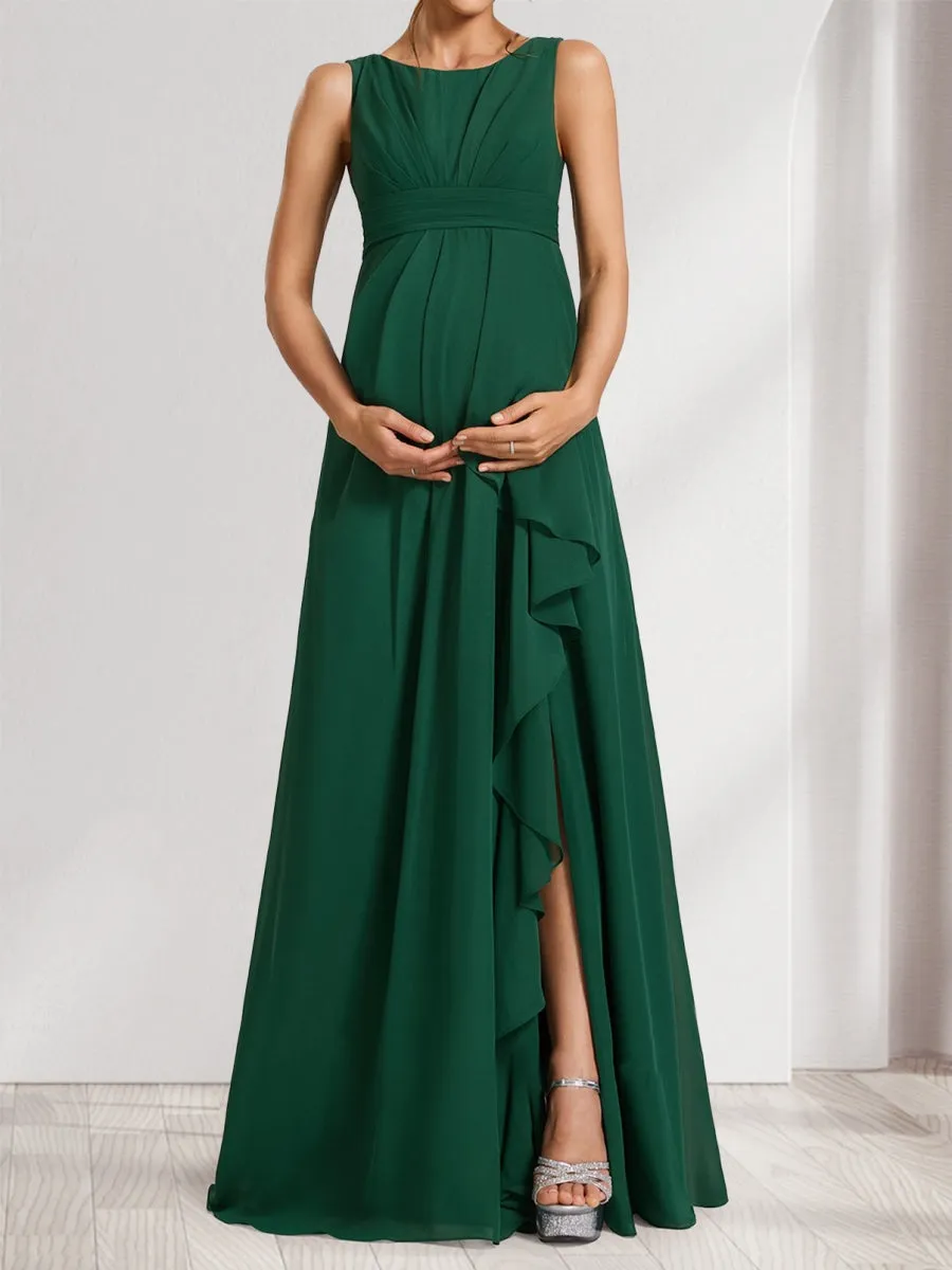 A-Line/Princess Scoop Ruched Floor-Length Maternity Dresses with Ruffles & Side Slit sold by Lavetir product image thumbnail 4