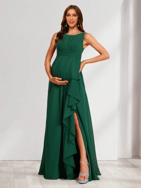 A-Line/Princess Scoop Ruched Floor-Length Maternity Dresses with Ruffles & Side Slit sold by Lavetir