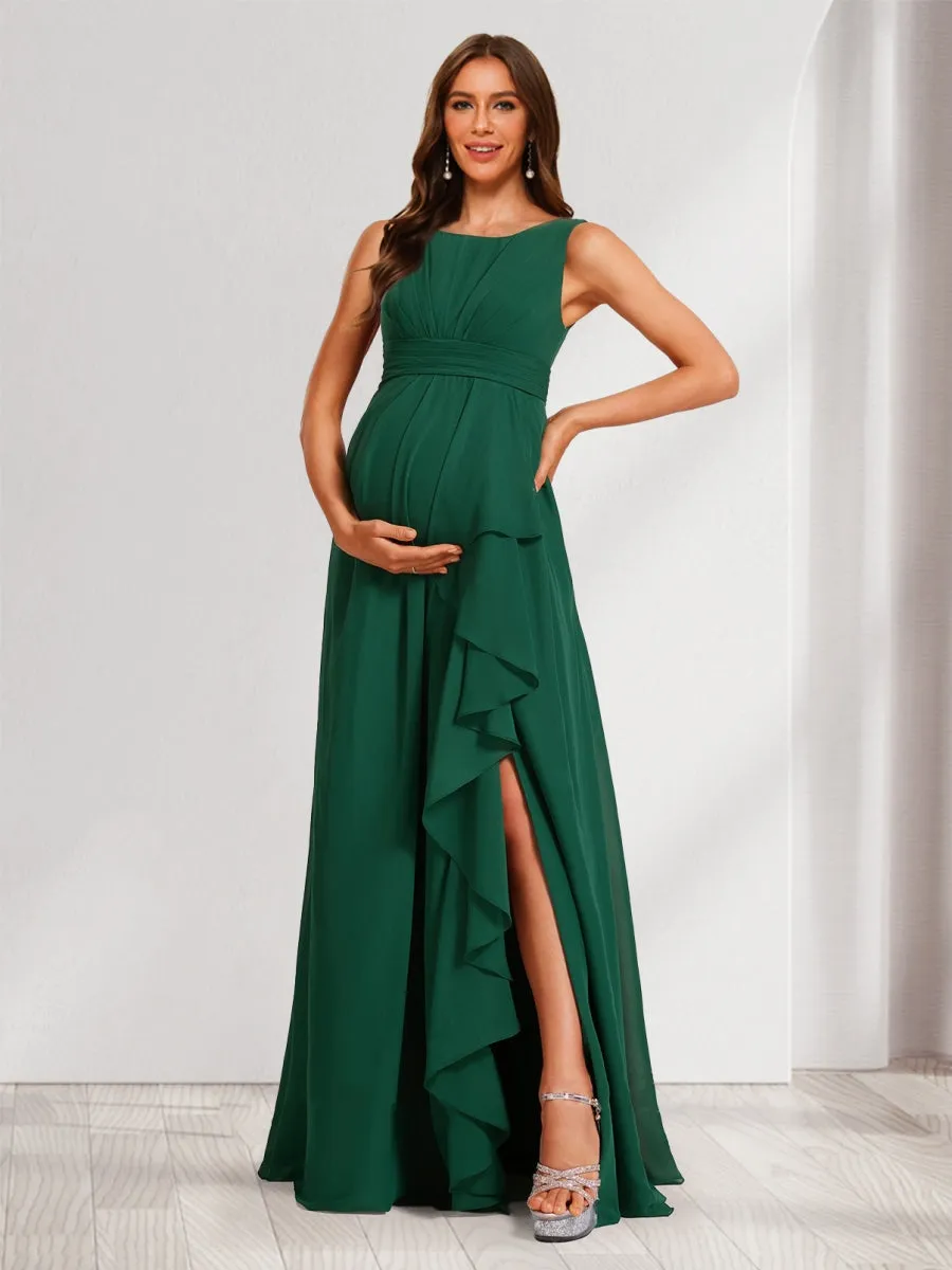 A-Line/Princess Scoop Ruched Floor-Length Maternity Dresses with Ruffles & Side Slit sold by Lavetir