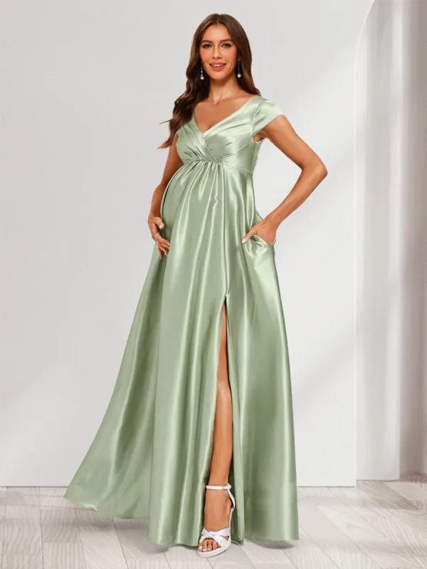 A-Line/Princess V-Neck Cap Sleeves Long Side Slit Maternity Dresses with Pleats & Pockets sold by Lavetir