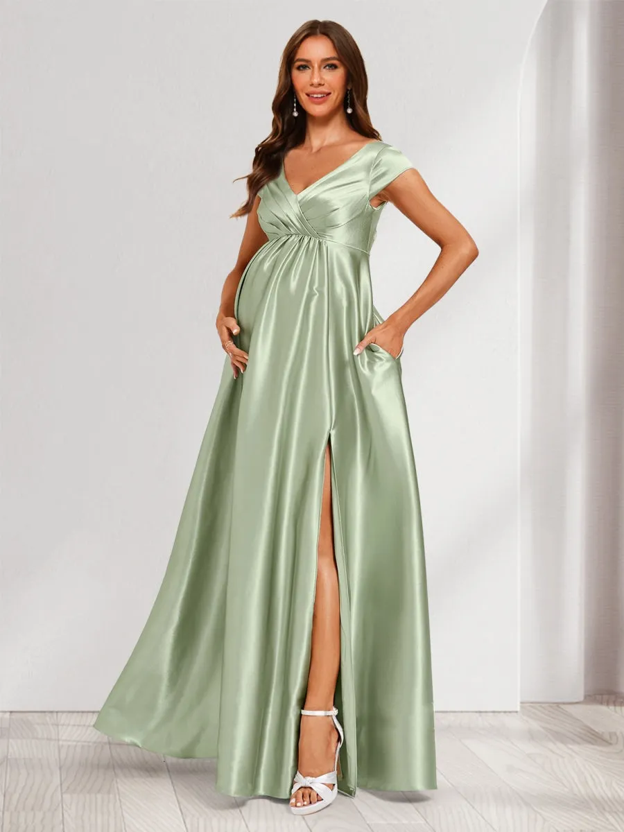 A-Line/Princess V-Neck Cap Sleeves Long Side Slit Maternity Dresses with Pleats & Pockets sold by Lavetir