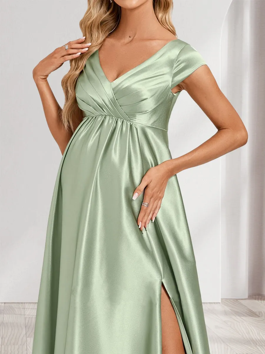 A-Line/Princess V-Neck Cap Sleeves Long Side Slit Maternity Dresses with Pleats & Pockets sold by Lavetir product image thumbnail 4