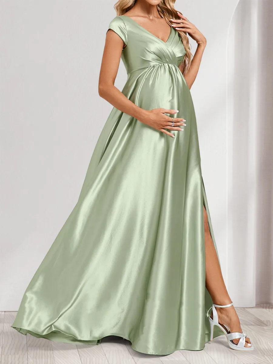 A-Line/Princess V-Neck Cap Sleeves Long Side Slit Maternity Dresses with Pleats & Pockets sold by Lavetir product image thumbnail 3