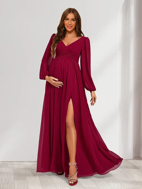 A-Line/Princess V-Neck Long Sleeves Ruched Maternity Dresses with Split Side sold by Lavetir