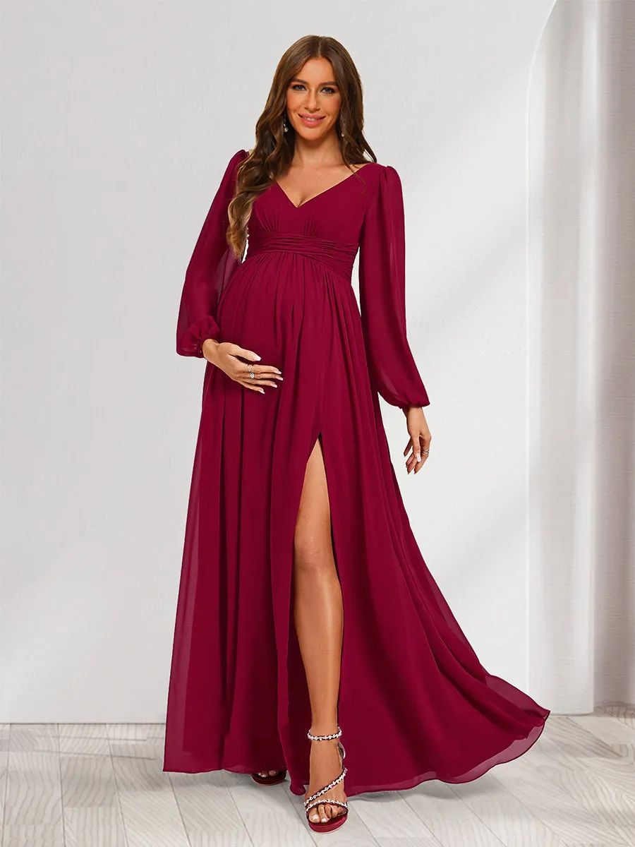 A-Line/Princess V-Neck Long Sleeves Ruched Maternity Dresses with Split Side sold by Lavetir