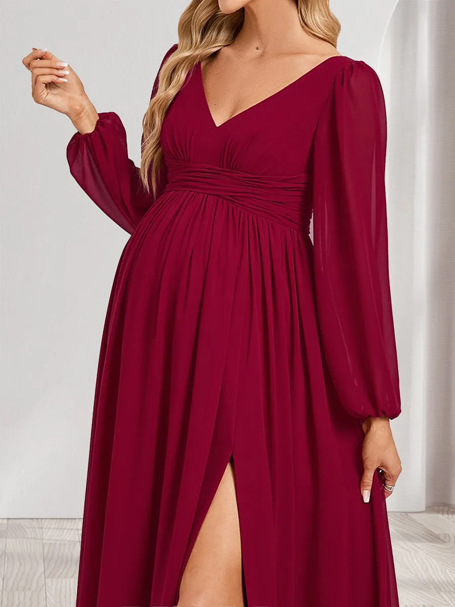 A-Line/Princess V-Neck Long Sleeves Ruched Maternity Dresses with Split Side sold by Lavetir product image thumbnail 3