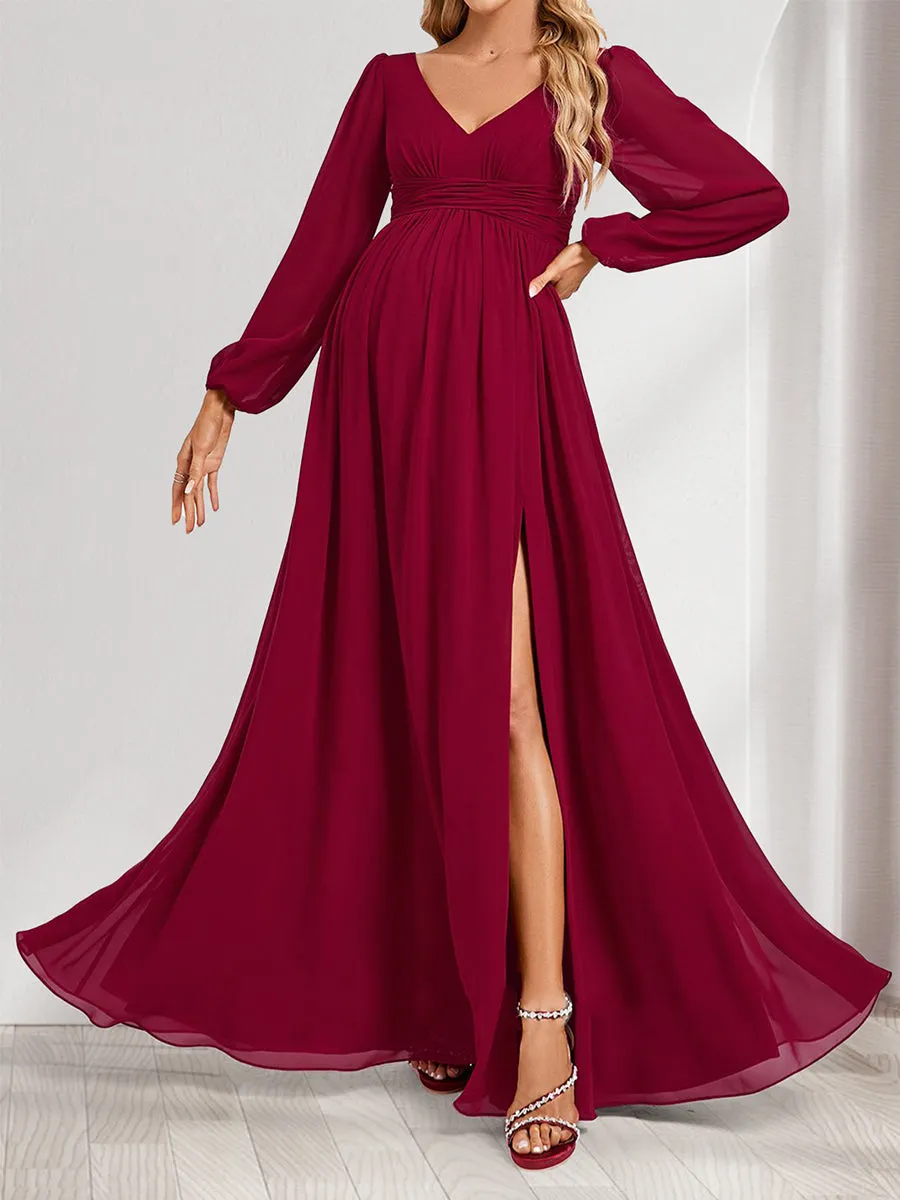 A-Line/Princess V-Neck Long Sleeves Ruched Maternity Dresses with Split Side sold by Lavetir product image thumbnail 4