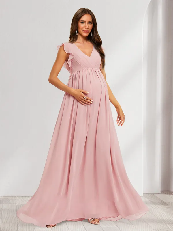 A-Line/Princess V-Neck Flutter Sleeves Ruched Long Maternity Dresses with Pleats sold by Lavetir