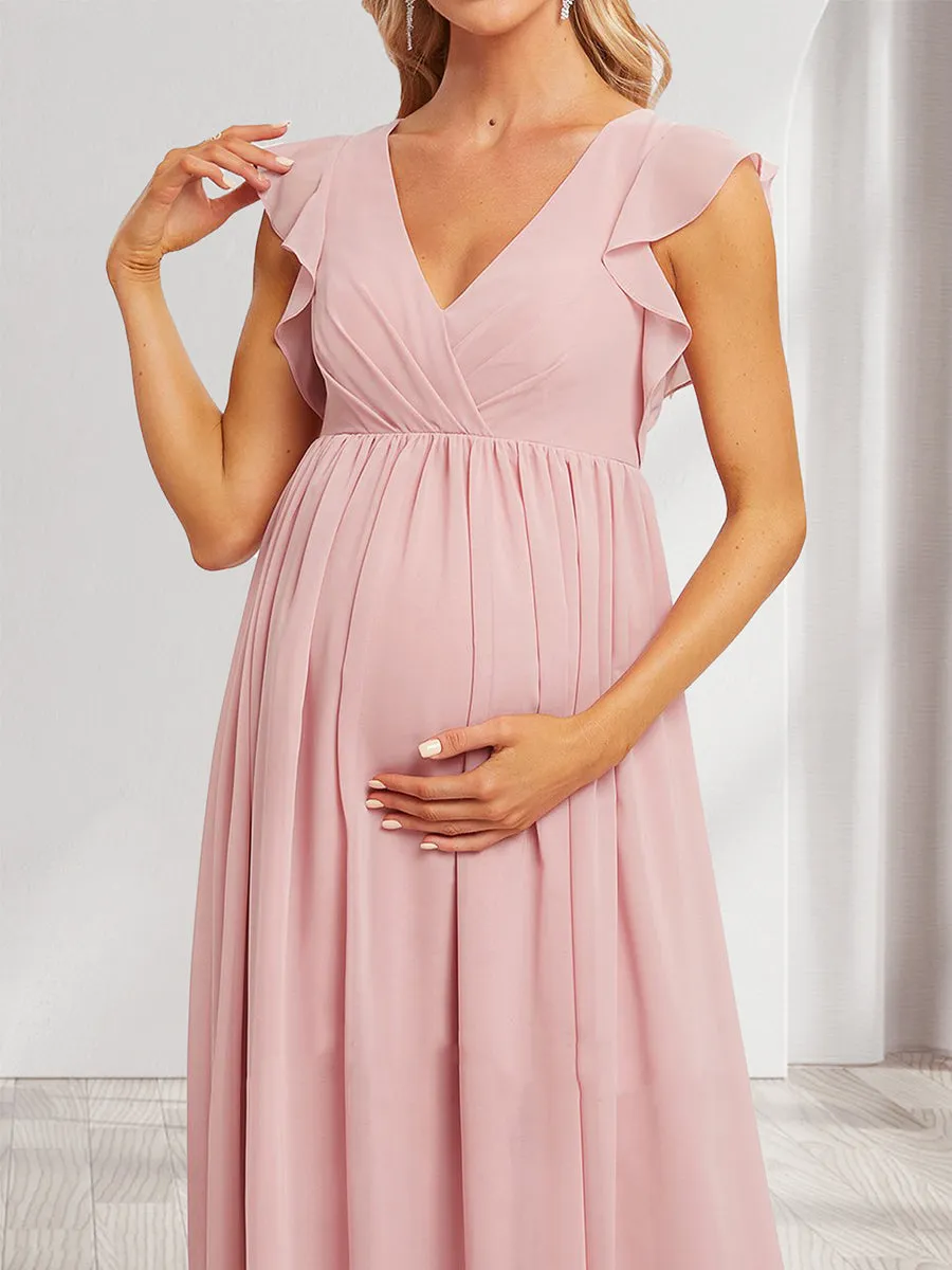 A-Line/Princess V-Neck Flutter Sleeves Ruched Long Maternity Dresses with Pleats sold by Lavetir product image thumbnail 3