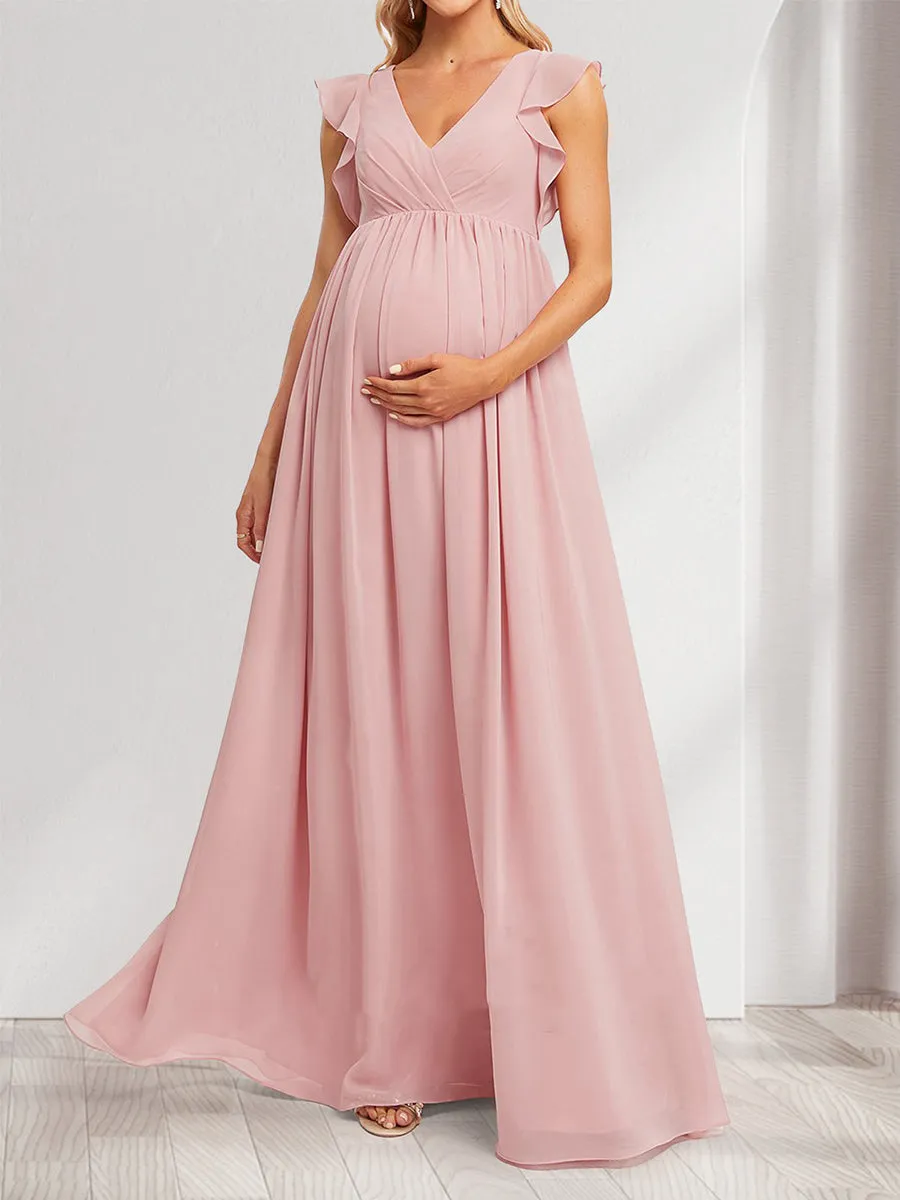 A-Line/Princess V-Neck Flutter Sleeves Ruched Long Maternity Dresses with Pleats sold by Lavetir product image thumbnail 4