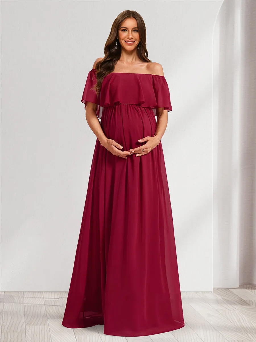 A-Line/Princess Off-the-Shoulder Ruched Long Maternity Dresses with Ruffles sold by Lavetir