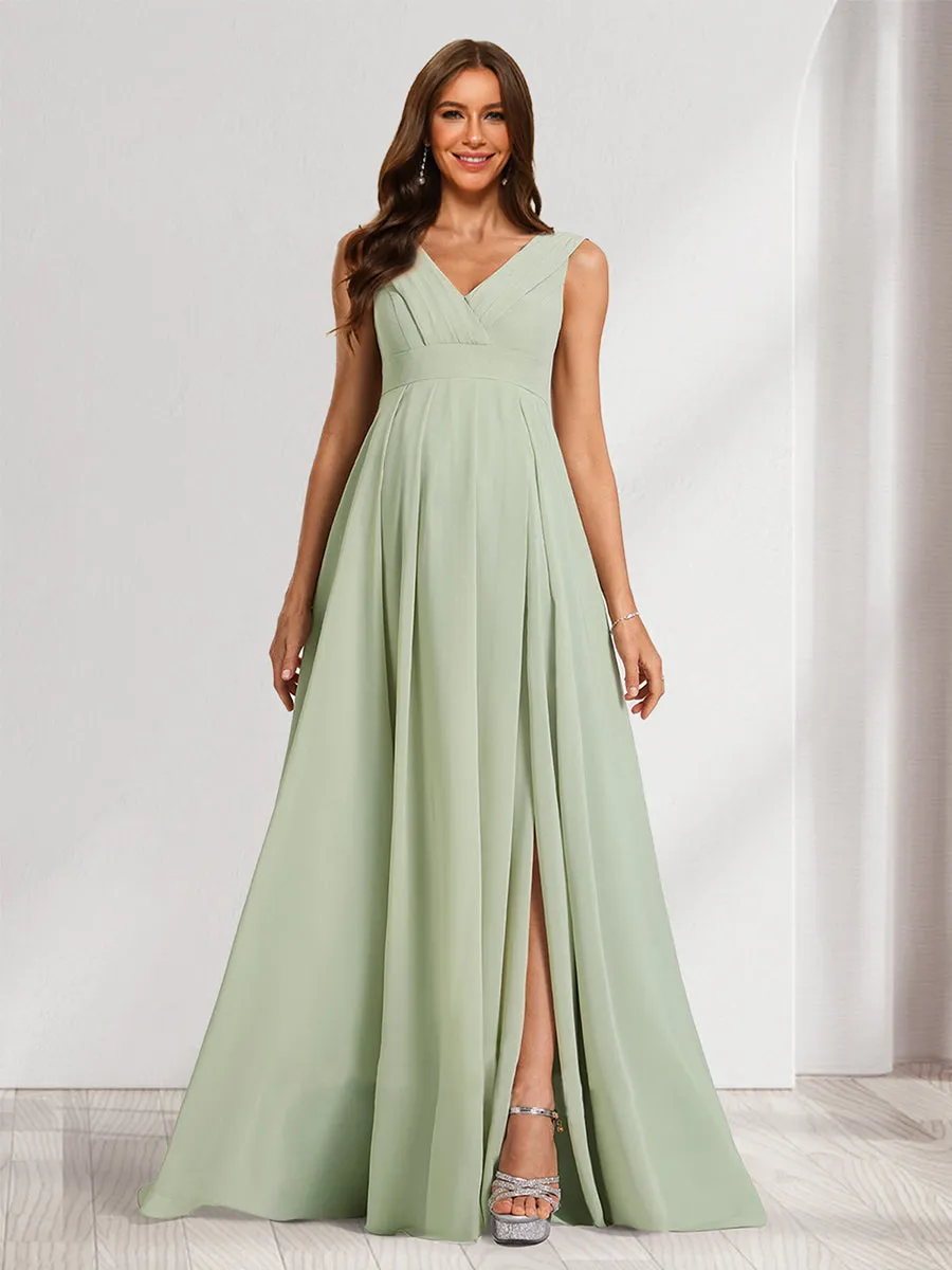 A-Line/Princess V-Neck Ruched Chiffon Maternity Dresses with Pleats & Side Slit sold by Lavetir product image thumbnail 4