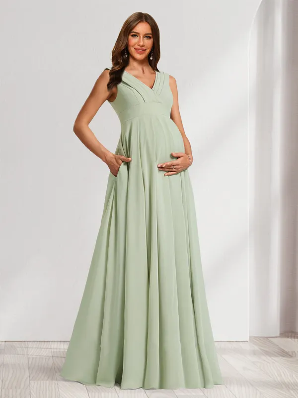 A-Line/Princess V-Neck Ruched Chiffon Maternity Dresses with Pleats & Side Slit sold by Lavetir