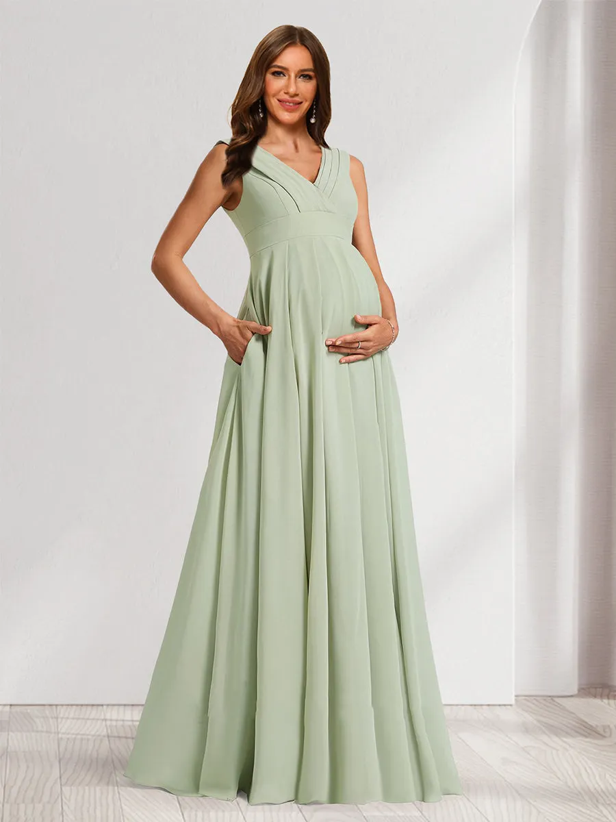 A-Line/Princess V-Neck Ruched Chiffon Maternity Dresses with Pleats & Side Slit sold by Lavetir
