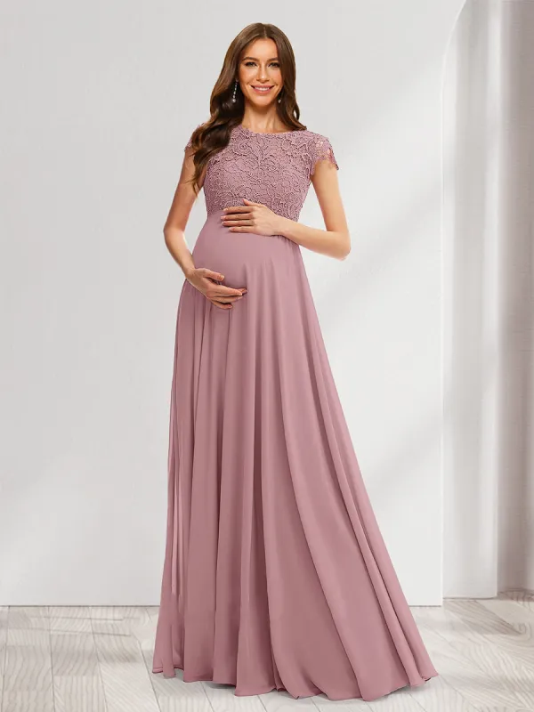 A-Line/Princess Round Neck Long Maternity Dresses with Lace Appliques sold by Lavetir