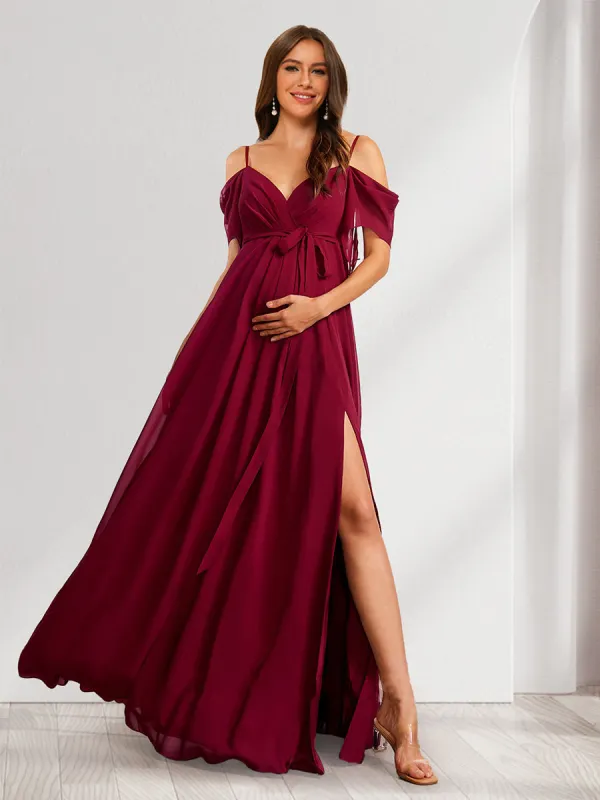 A-Line/Princess Spaghetti Straps Floor-Length Maternity Dresses with Bow & Pleats sold by Lavetir