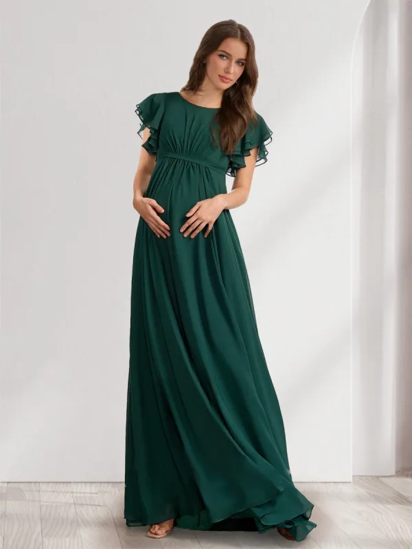 A-Line/Princess Scoop Short Sleeves Ruched Floor-Length Chiffon Maternity Dresses sold by Lavetir