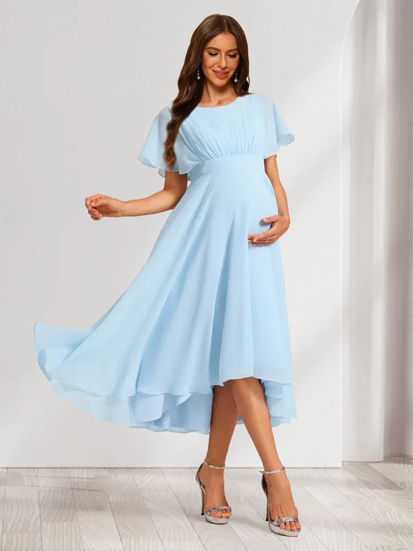 A-Line/Princess Scoop Short Sleeves Ruched Asymmetrical Maternity Dresses with Ruffles sold by Lavetir