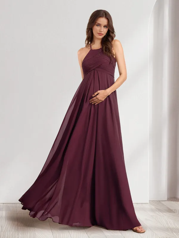 A-Line/Princess Halter Sleeveless Ruched Long Chiffon Maternity Dresses sold by Lavetir