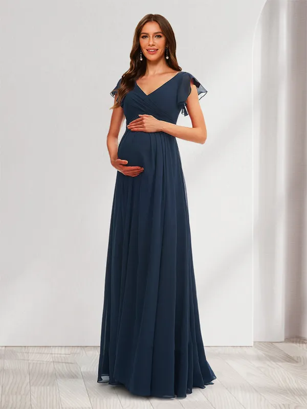 A-Line/Princess V-Neck Flutter Sleeves Ruched Maternity Dresses with Ruffles sold by Lavetir