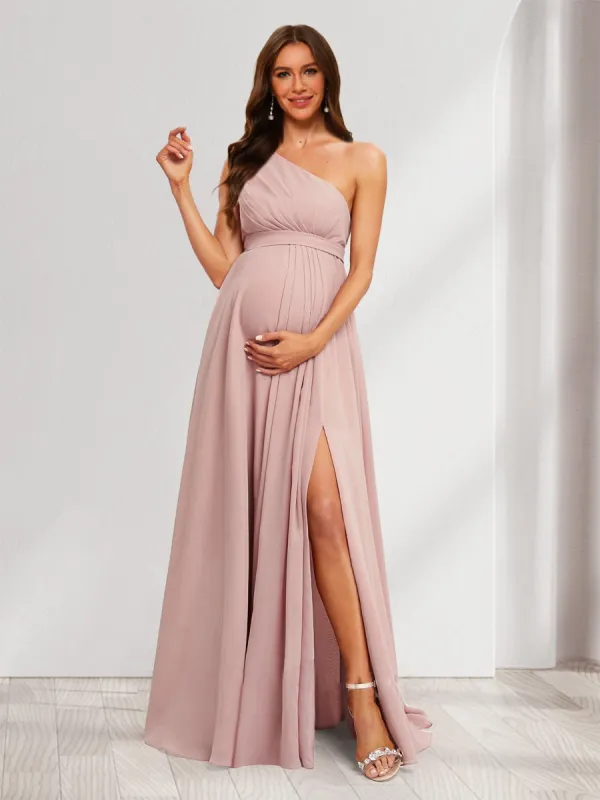 A-Line/Princess One-Shoulder Ruched Chiffon Maternity Dresses with Split Side & Ruffles sold by Lavetir