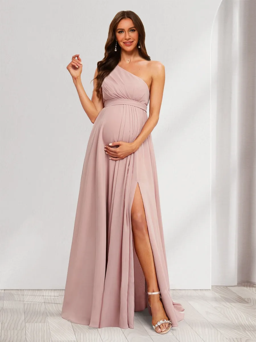 A-Line/Princess One-Shoulder Ruched Chiffon Maternity Dresses with Split Side & Ruffles sold by Lavetir