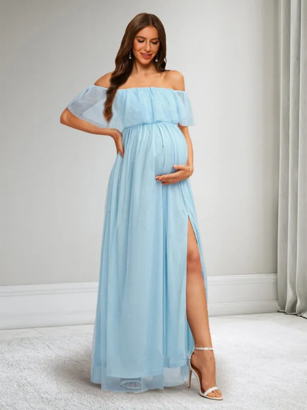 A-Line/Princess Off-the-Shoulder Sleeveless Long Maternity Dresses with Split Side & Ruffles sold by Lavetir